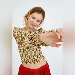 Urban Outfitters UO Cropped Smock Top Size Small Geometric Print Festival Hippie